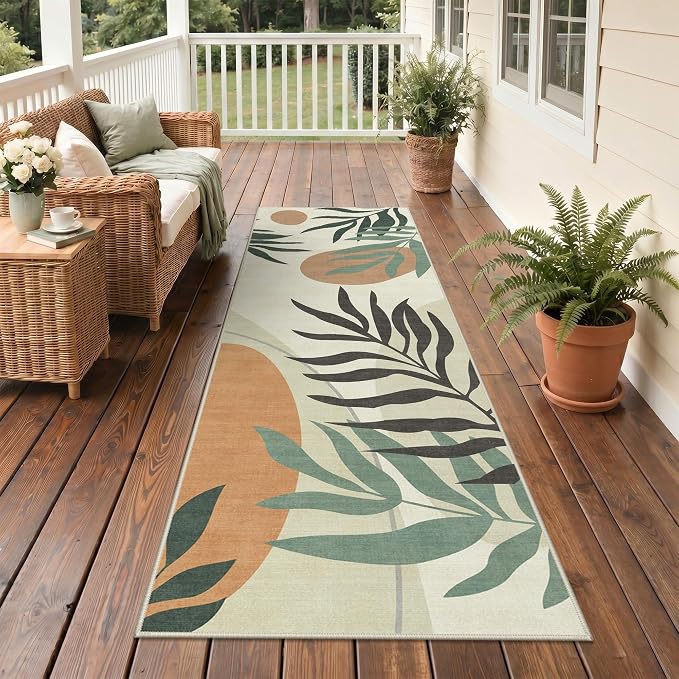GENIMO Outdoor & Indoor Runner Rug 2.5'x8', Waterproof, Non-Shedding, Easy Cleaning, Leaf Mat for Patio, Living Room, Balcony, Dining Room, RV, Deck, Bedroom, Camping, Outside Carpet, Beige Grey