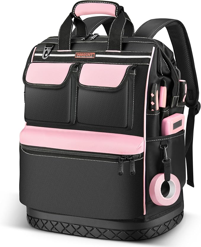 LOKASS Pink Tool Bag for Women, Wide-open Tool Backpack with Double-opening Metal Zipper, Waterproof Tool Storage Tote Bag for Female Workers-Large
