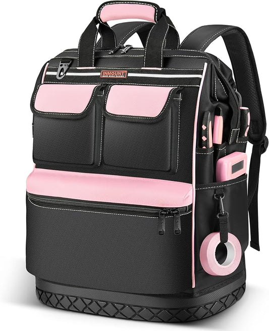 LOKASS Pink Tool Bag for Women, Wide-open Tool Backpack with Double-opening Metal Zipper, Waterproof Tool Storage Tote Bag for Female Workers-Large