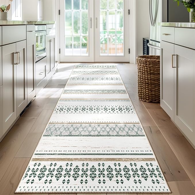 2x8 Washable Area Rugs for Living Room Boho Runner Rug Green/Brown | Vacuum Friendly, Machine Washable, Non-Slip Rug, Stain Resistant, Moroccan Geometric, Low Pile Carpet, Hallway Kitchen