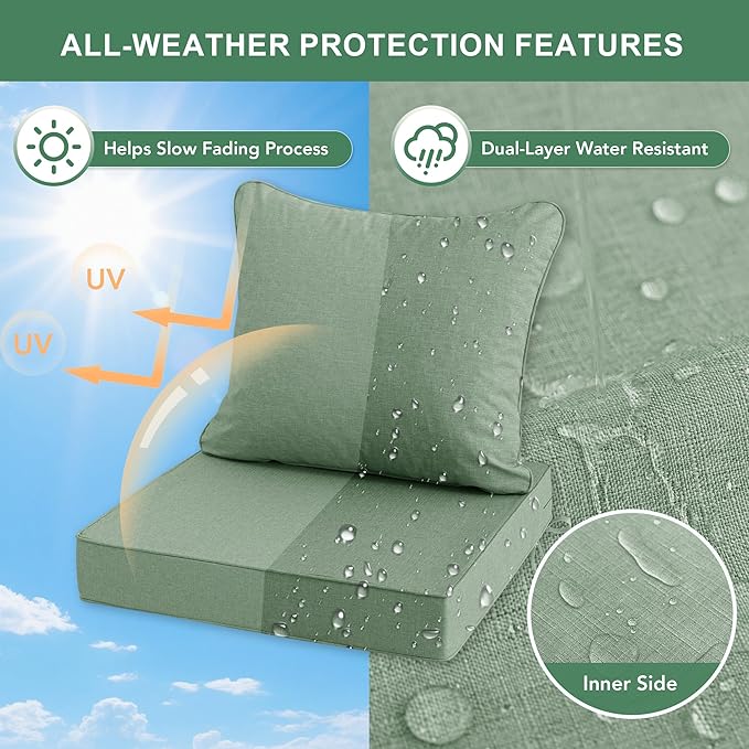 Summsun Outdoor Cushions for Patio Furniture, Faux Linen Water Resistant Backrest and Deep Seat Cushion Set with Removable Cover, Straps, Non-Slip Bottom, 24 x 24 Inch, Sage Green, Set of s