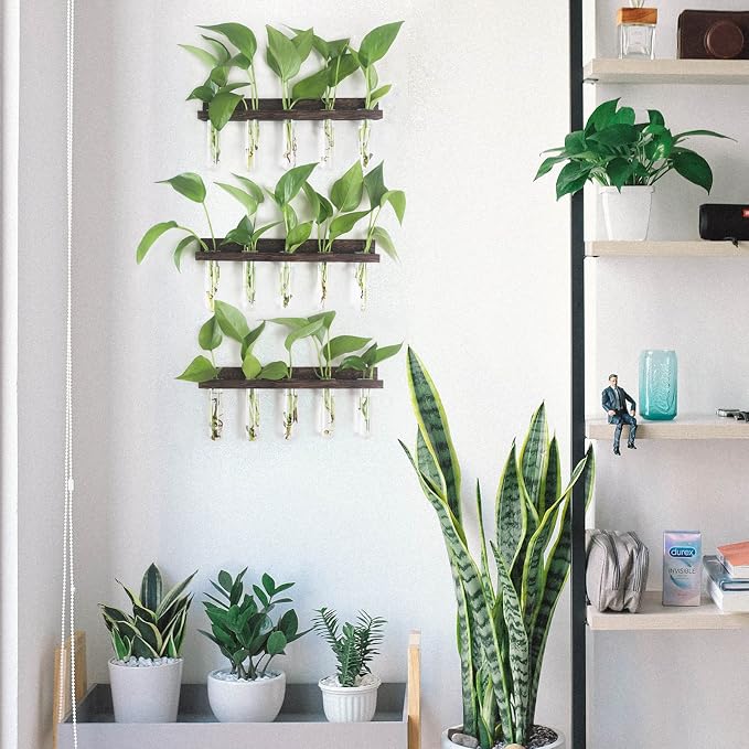 Renmxj Wall Hanging Plant Propagation Station 15 Glass Test Tubes - Brown | 3 Tiered Vase Planter for Hydroponic Home Garden Office Decor, Gardening Gifts for Women Plant Lover