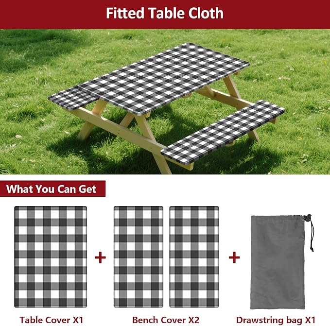 8ft Picnic Table and Bench Cover, Camping Essentials RV Gear, 96 in Waterproof Windproof Outdoor Elastic All Around Tablecloth, Fitted Rectangle Tables and Seats, Black-White Checkered