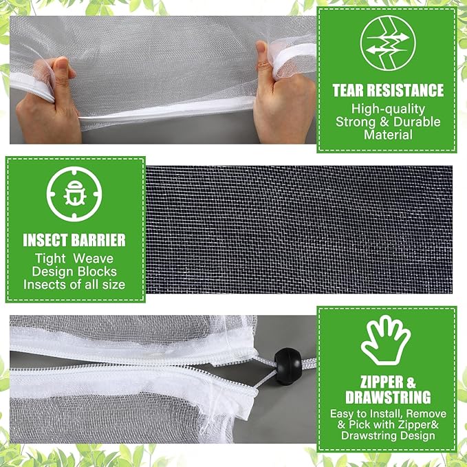 2 Pcs 12 x 12 ft Large Fruit Tree Netting for Protecting Fruit from Squirrels Birds Bug Deer & Rat Garden Mesh Netting with Zipper and Drawstring for Blueberry Peach Apple Garden Bushes