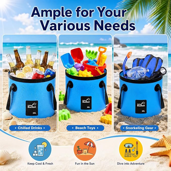 5 Gallon 4 Pack Collapsible Bucket, Foldable Water Bucket with Handles, Portable Camping Buckets for Fishing, Hiking, Cleaning, Outdoor & Travel Use (Blue)