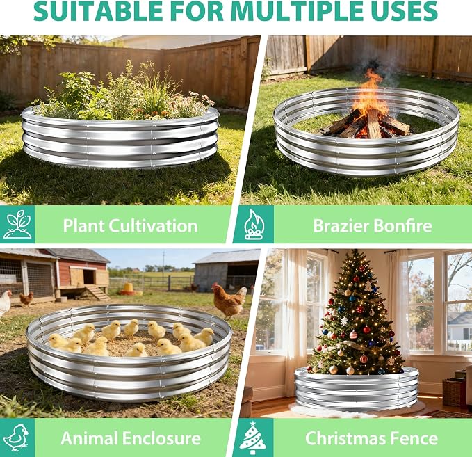 YSEJOMP 6FT Diameter Galvanized Garden Raised Bed/Plant Box/Fire Pit Ring-0.8mm Thick,12 Inch Tall,Crimped Edge and Corner,No Sharpe,Perfect for Plantings (Silver, 72 Dia X 11.5 inches)