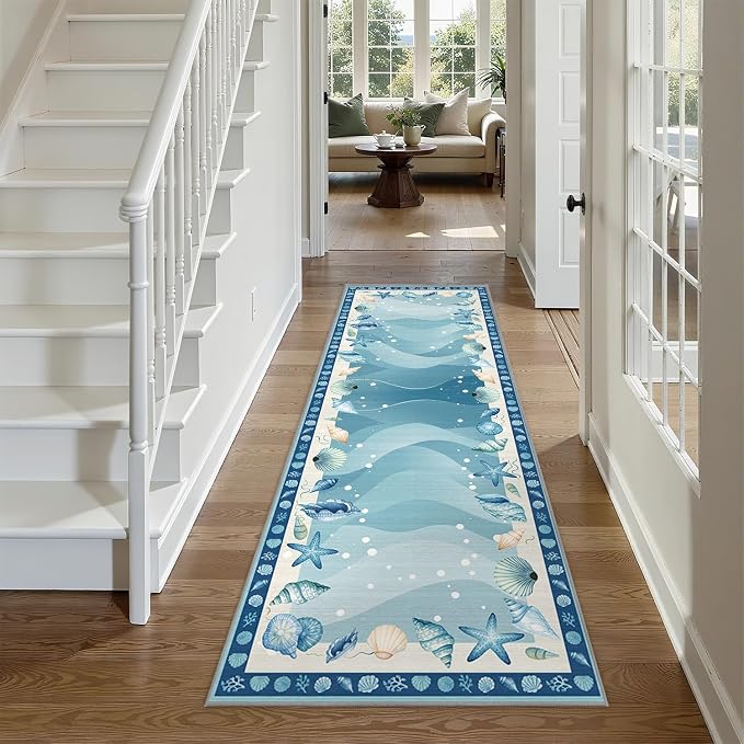 Coastal Area Rug 2x6 for Living Room, Nautical Beach Ocean Modern Print Area Rug, Blue Non-Slip Low-Pile Machine Washable Indoor Floor Carpet for Dining Room Bedroom Office