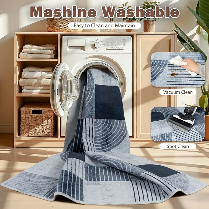 5x7 Washable Area Rugs for Living Room, Non Slip Boho Modern Rug | Stain Resistant, Soft Carpet Indoor Floor Carpets for Bedroom Dining Room Farmhouse Nursery Hallway Home Office, Blue & Gray