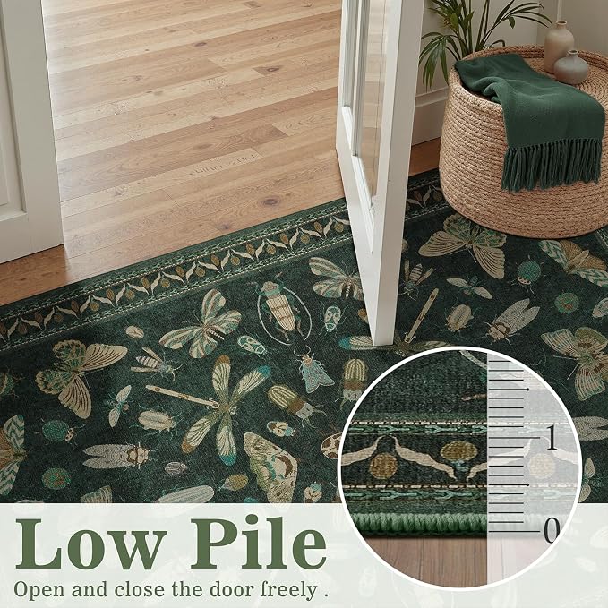 DCX 4x6 Washable Bug Rug for Living Room, Soft Low Pile Rug, Dark Green | Easy to clean, non-shedding, soft, kid & pet friendly, with a non-slip rubber backing for bedrooms, and nature-themed decor