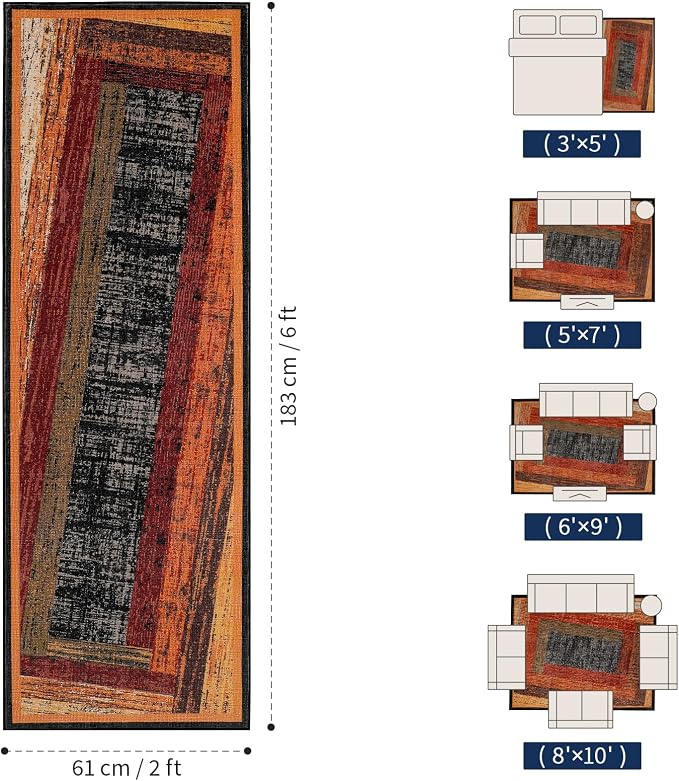 Brown Geometric Woody Runner Rug 2x6,Vintage Bedroom Rug,Retro Farmhouse Rugs Washable for Hallway Non Slip, Boho Area Rug for Kitchen,Dining Room,Living Room,Bedroom