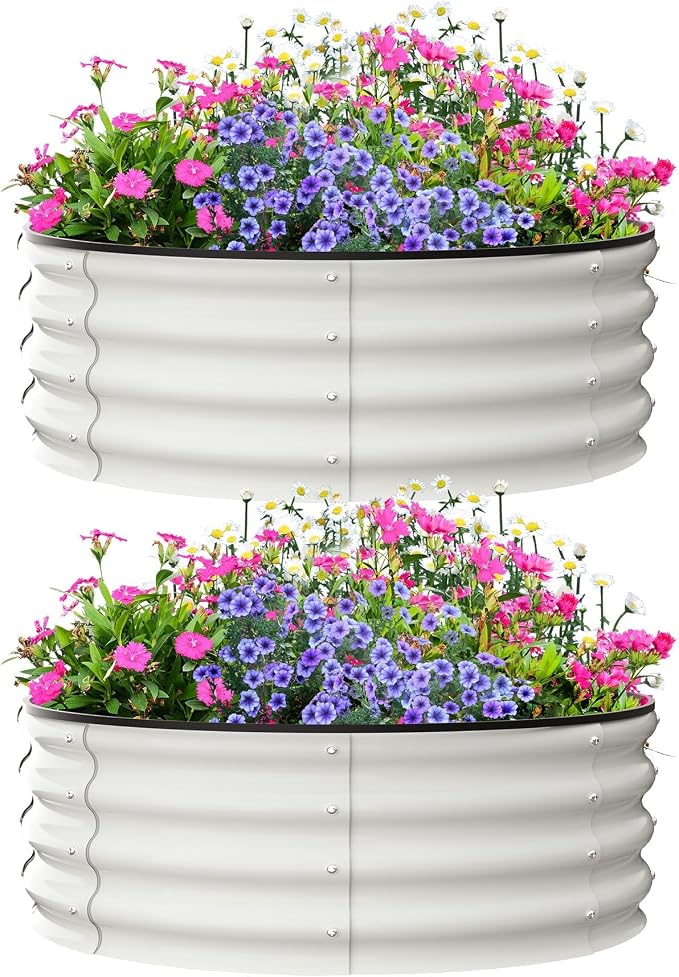 Garvee Galvanized Raised Garden Bed, 2Pcs Raised Garden Beds Outdoor, Round Planter Raised Beds with Gloves and Rubber Edge Trim for Vegetables, Flowers and Herbs, 3x3x1 FT, White