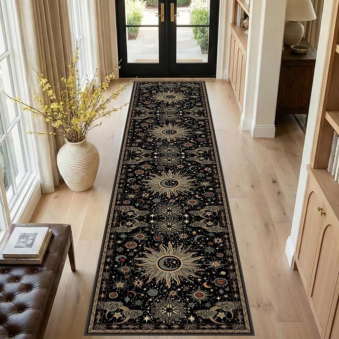 Vacuum-Friendly, 2x10 Washable Area Rug, Black Green Beige | Sun and Moon Boho Gothic Non-Slip Low Pile Living Roon Bedroom Dining Room Kitchen Entry Entryway Entrance Hallway Doormat