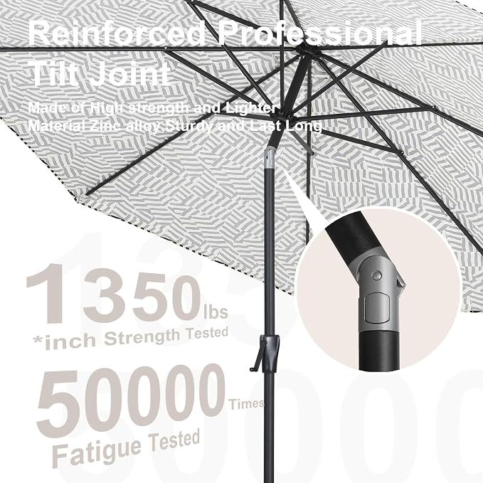 Tempera Striped Patio Umbrellas Outdoor Table Market Umbrellas with Crank & Pust Button Tilt|Auto-Tilt, 8 Steel Ribs, High Color-Fastness Canopy