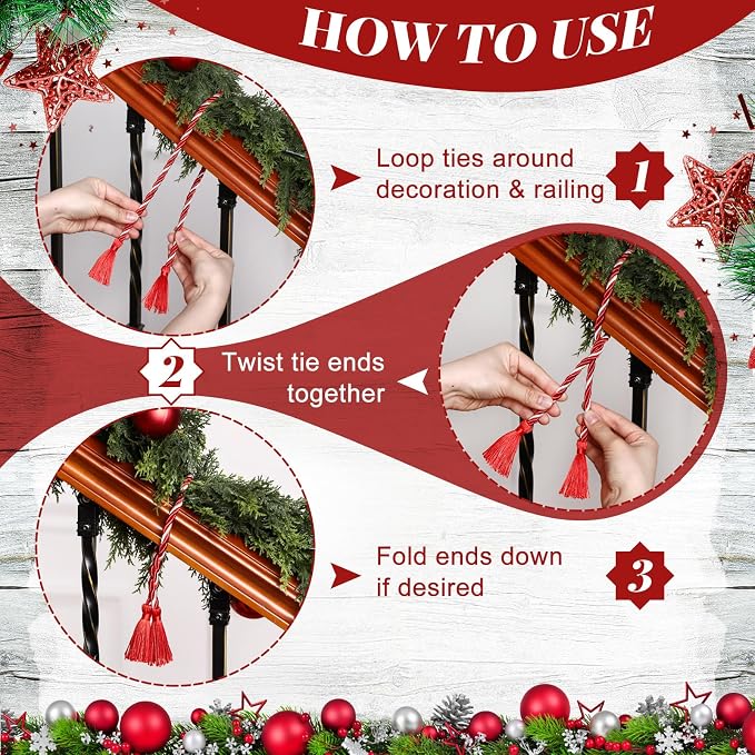 Dingion 20 Pcs Christmas Garland Decorative Banister Ties with Tassel 25.2 Inches Christmas Reusable Twist Ties for Garland Fireplace Staircase Banister Home Xmas Holiday Decorations(Red, White)
