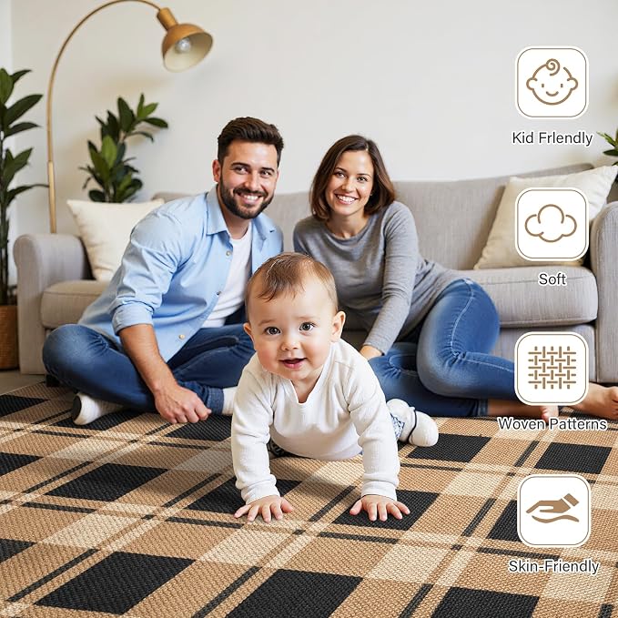2x3 Checkered Jute Mat, Washable Non-Slip Farmhouse Rug, Black/Brown | Non-Slip Rubber Backing, Machine Washable, Low-Pile Jute, Farmhouse Geometric Design, Durable For Daily Use.
