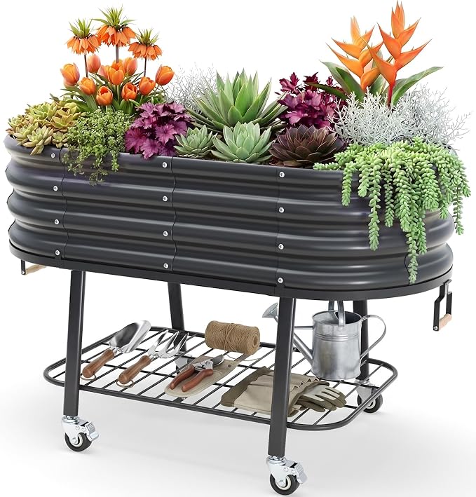 KING BIRD Large Raised Garden Bed with Legs Galvanized Elevated Planter Box 47.2x23.6x29.9 in for Backyard, Patio, Balcony, Dark Grey