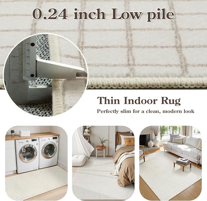 STARUIA Washable Rugs for Living Room, 5x7 Plaid Beige Area Rugs Non Slip Modern Neutral Geometric Bedroom Rug, Low Pile Soft Checkered Grid Carpet for Dining Room Nursery Home Office (Beige,5'x7')