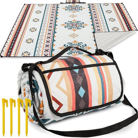 HAUSPROFI Extra Large Picnic Blanket 80"x80" – Waterproof Outdoor Mat for Beach, Camping, Park & Garden, Portable with Carry Strap & 4 Stakes, Machine Washable, Bohemian Pattern