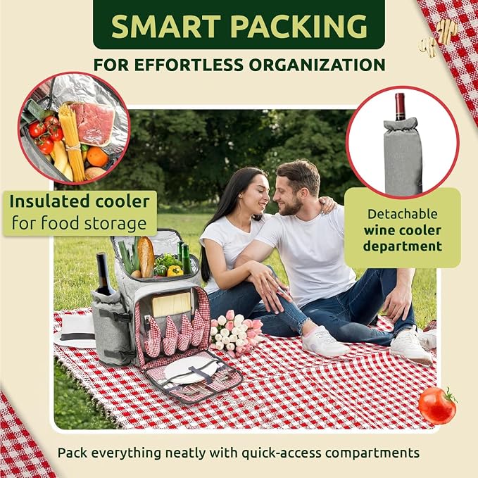 Nature Gear Picnic Backpack for 4, Insulated Picnic Set with Dinnerware, Wine Cooler, Blanket & Cutlery Service, Waterproof Outdoor Bag for Beach, Camping, Travel & Park, Red