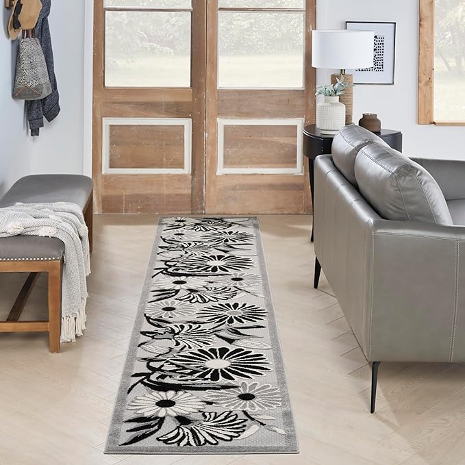 Nourison Home Aloha Black White 2'3" x 12' Area Rug - Easy Clean, Non Shedding, Bed Room, Living Room, Dining Room, Kitchen (12' Runner)