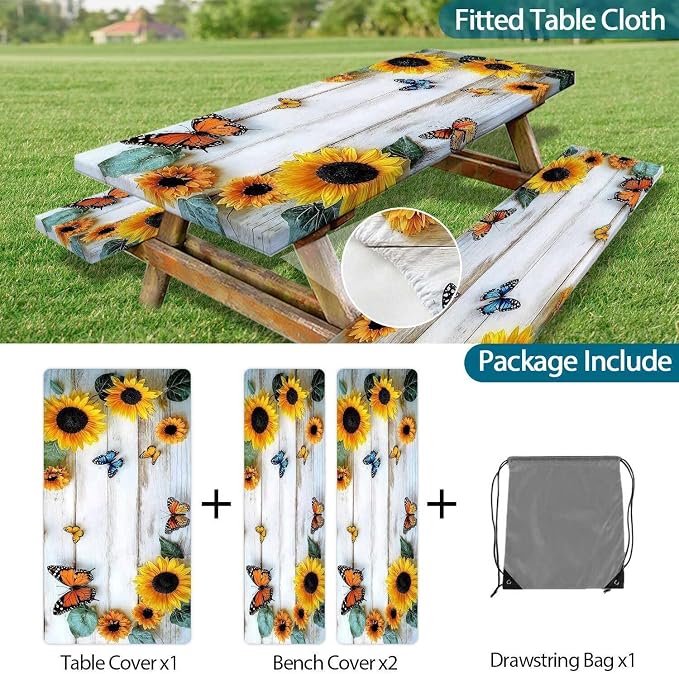 Picnic Table Cover with Bench Cover, Outdoor Patio Camping Essentials Farmhouse Sunflower Table Covers with Elastic Waterproof Camping Tablecloth with Drawstring Bag, 96In 3PCS