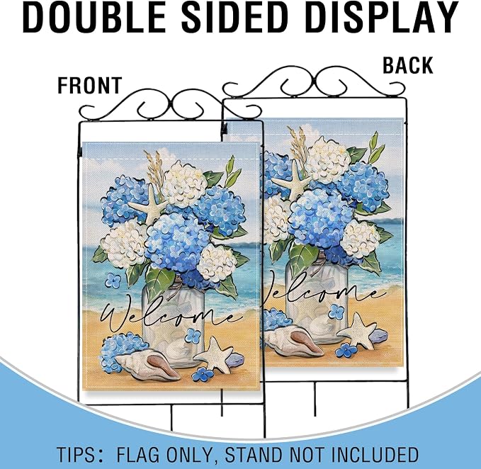 Artofy Welcome Spring Summer Flower Large Decorative House Flag, Hydrangea Floral Mason Jar Beach Coastal Yard Garden Outside Decor, Nautical Conch Starfish Outdoor Home Decoration Double Sided 28x40