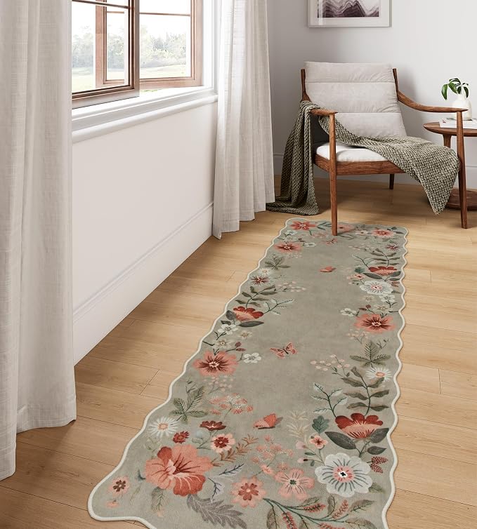 Lahome Floral Kitchen Runner, 2X6 Washable Hallway Runner Rug Non-Slip | Scalloped Ultra-Thin Soft Hallway Rug Stain Resistant Boho Carpet for Bedroom Laundry Bathroom Flore, Brown