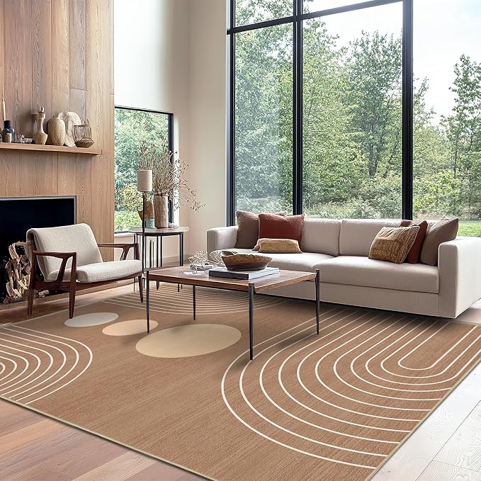 8x10 Area Rug for Living Room Boho Modern Minimalist Geometric Abstract Large Rug Brown Mid Century Modern Machine Washable Non-Slip Printed Low-Pile Indoor Floor Carpet Dining Room Bedroom Brown