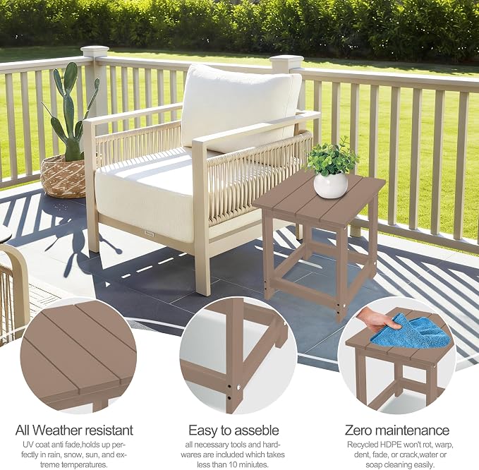 LZRS Patio Side Table, Heavy Duty HDPE Outdoor End Table with Wood Texture, Weatherproof Composite Table for Adirondack Chairs, Deck, Pool, Indoor/Outdoor, No Peeling or Cracking(Weathered Wood)