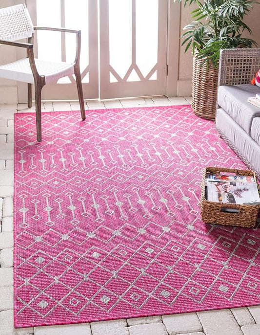 Unique Loom Outdoor Trellis Collection Area Rug - Tribal Trellis (7' 1" x 10' Rectangle, Fuschia/ Gray)