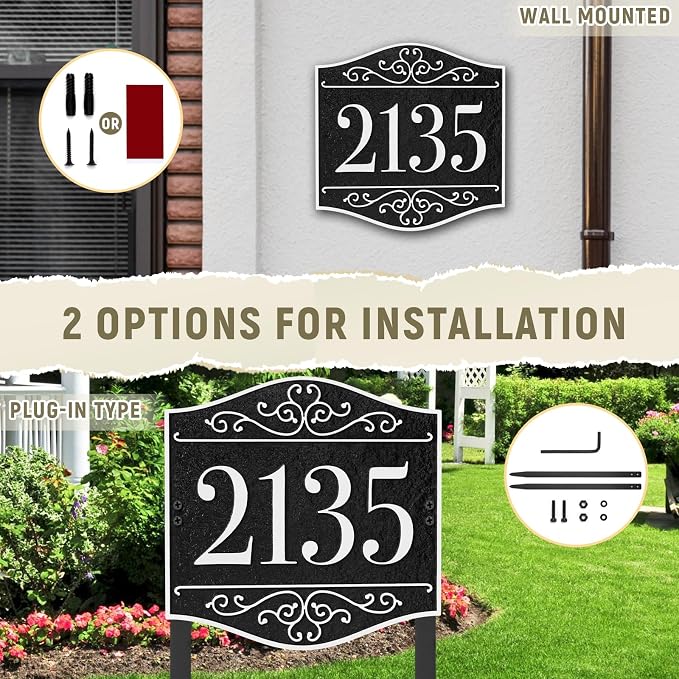 Personalized Lawn Address Sign - Custom Address Plaque,House Number Sign Plaque,House Numbers for Outside Lawn,Ground,Yard,Garden (Black/Silver)