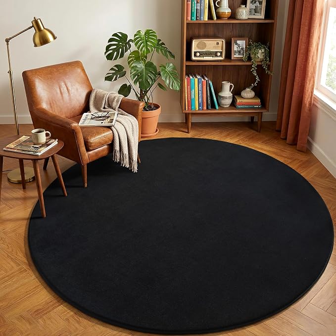 Amearea Black Round Area Rugs 6ft Circle Rugs for Bedroom Living Room | Washable Fluffy Indoor Thickened Memory Foam Rug, Non Slip Minimalist Circular Carpet for Boys Girls Dorm Nursery Room Decor