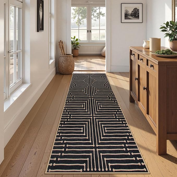 Lahome Maze Lines Washable Kitchen Runner Rug, 2x8 Black Outdoor Runner Rug | Low Pile Non Slip Non Shedding Easy Jute Carpet for Hallway Entryway