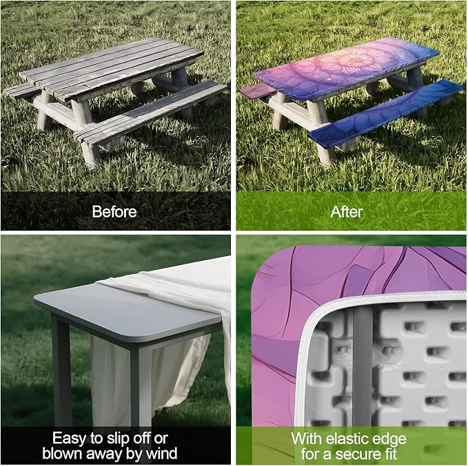 Mandala Design Picnic Table Cover with Bench Covers Set of 3 - Colorful Gradient Geometric Pattern, Elastic Fitted Tablecloth for 6 Ft Tables, Washable Polyester Cover for Patio, Indoor & Outdoor
