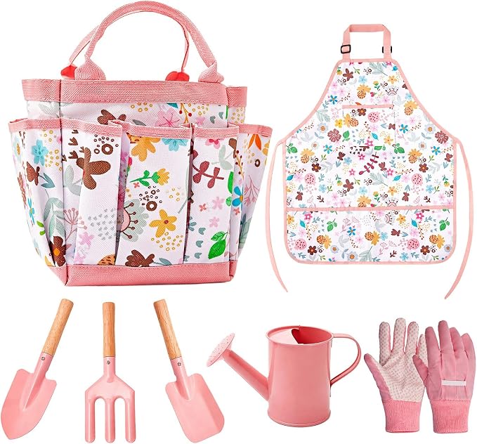 Ecolley Kids Gardening Tool Set Toys - 7 Pieces Quality Garden Kit for Toddlers & Kids with Shovels, Rake, Watering Can, Apron, Gloves & Storage Bag (Pink Flower)