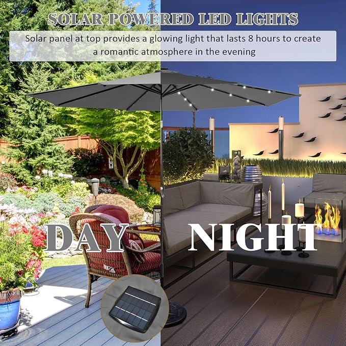 HAPPYGRILL 10FT Patio Umbrella with Lights Outdoor Solar Powered Sunbrella with Tilt Crank Umbrella for Garden Poolside Backyard Beach