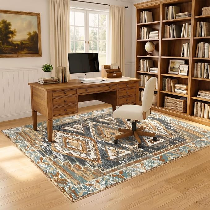 Washable 4x6 Area Rug for Office, Rustic Farmhouse Low-Pile Non-Slip Carpet, Stain Resistant Vintage Southwestern Small Rug for Kitchen Bedroom Entryway, Blue Rust Ivory