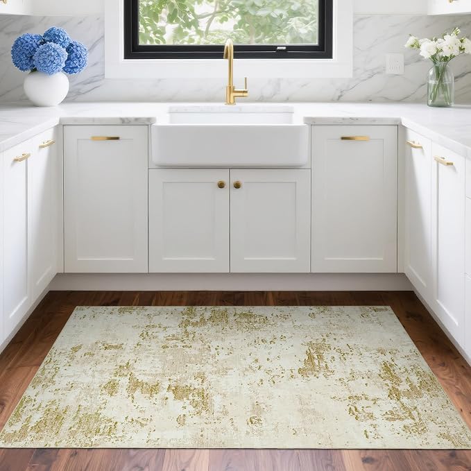 ROYHOME Modern Abstract 2x3 Area Rug Non Slip Non Shedding Low Pile Stain Resistant Rug for Entryway Kitchen Bedroom,Golden Grey