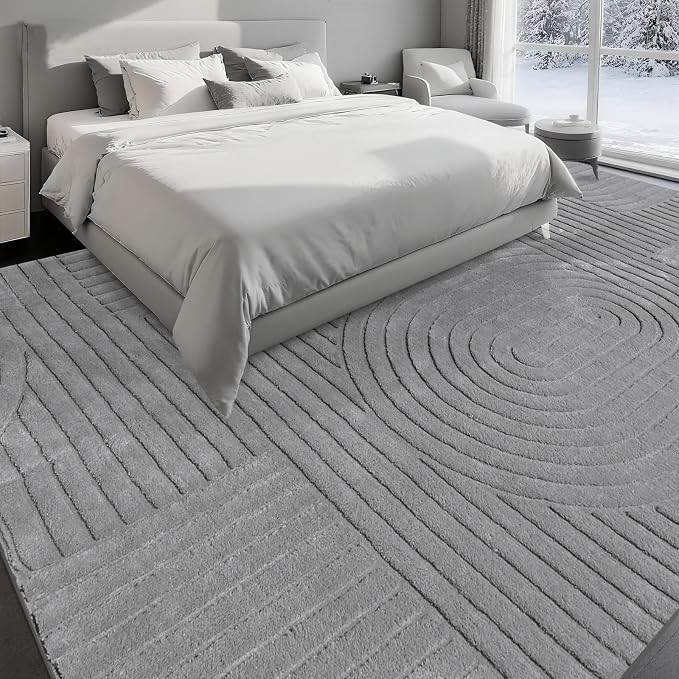 Grey Solid Area Rug 8x10, Large Washable Soft Rugs for Living Room | Soft Fluffy Modern Geometric Boho High-Low Pile Non Slip Carpet for Bedroom, Dining Room, Kids Room, Nursery,Apartment,Office