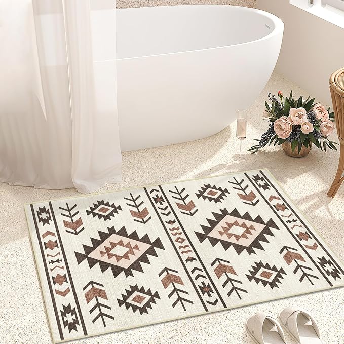 Western Area Rug 4x6 for Living Room, Southwestern Aztec Tribal Area Rugs Southwest Navajo Machine Washable Rug Non-Slip Printed Low-Pile Floor Carpet for Bedroom Dining Room Office, Beige
