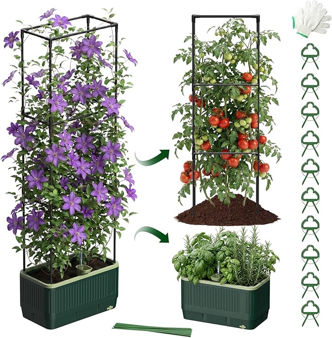 Raised Garden Bed Planter Box with Trellis, Self Watering Tomato Planters for Climbing Plants, Tomato Cage Trellis for Vegetables & Vine Flowers Indoor Outdoor Patio