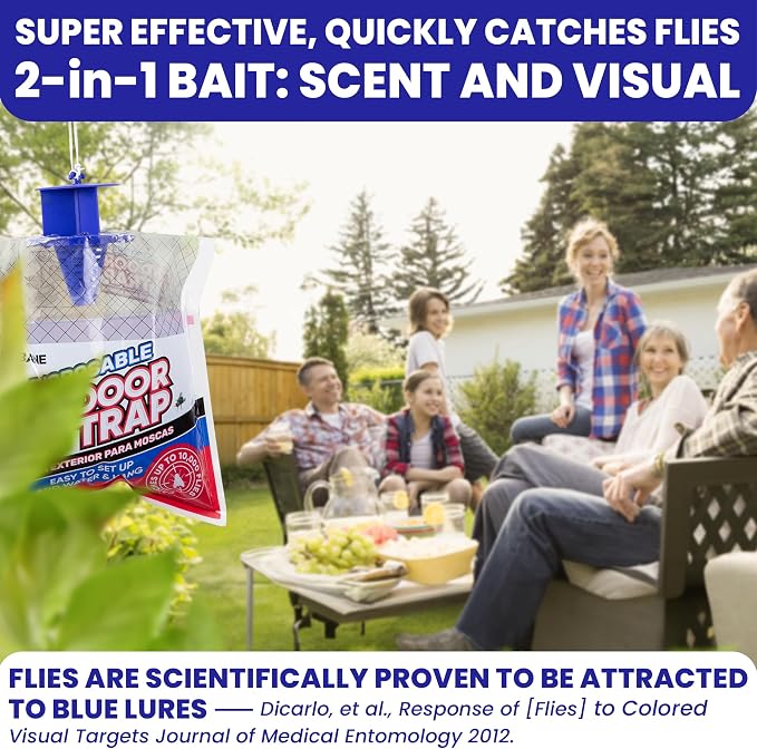 Fly Traps Outdoor Fly Trap for Patio. 12 Non-Toxic Pre-Baited Flies Bags Outdoor Disposable. Hanging Bug Catchers for All Filth Flies Killer for Outside Bug Control in Yard Horse Ranch Trash Can