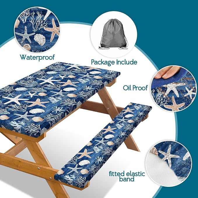 Picnic Table Cover with Bench Covers Camping Elastic Edge Essentials Waterproof Windproof Camping Tablecloth with Drawstring Bag, Fitted Rectangle Tables and Seats, 30X96 Inch, Blue Ocean Coral