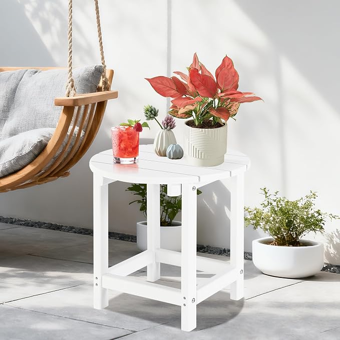 LZRS Round Adirondack Patio Side Table End Table, Outdoor Side Tables for Patio, Backyard,Pool, Indoor Companion, Easy Maintenance & Weather Resistant(White)