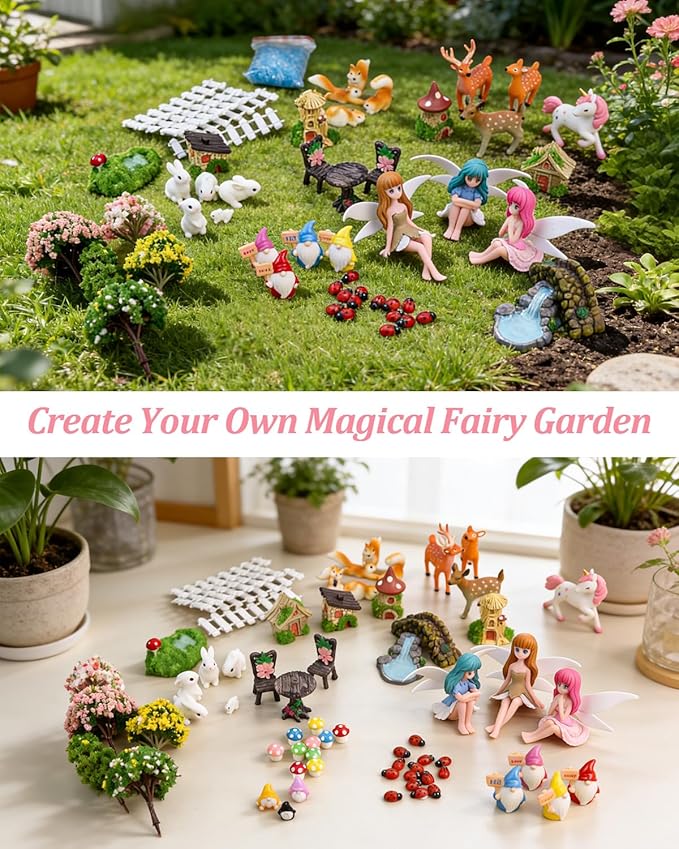 Avalution 70 Pcs Fairy Garden Accessories Kit – Miniature DIY Fairy Garden Accessories, Indoor & Outdoor Garden Decorations, Weather Resistant, Gift Bags Included