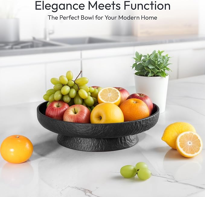 Granite Inspired Matte Black Fruit Bowl | Wide, Shallow Textured Pedestal Bowl | 11 Inch Unique Centerpiece for Table or Decor for Entryway Table