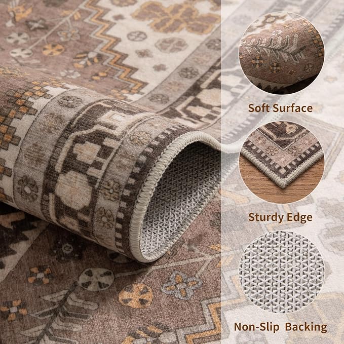 Ciicool 8x10 Area Rugs for Living Room,Washable Large Boho Throw Carpet | Oriental Low-Pile Hazel Vintage Non-Slip Indoor Carpet for Kitchen Bedroom Bedside Laundry Bathroom Dining Room Decor