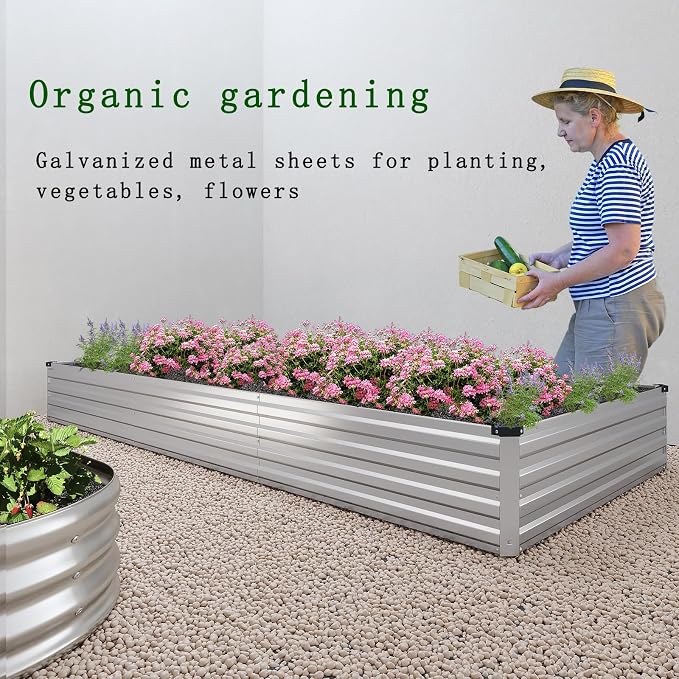 2PCS 8x2x1ft Galvanized Raised Garden Kit,Metal Planter Box,Silver | Outdoor Elevated Metal Planter Box For Vegetables, Flowers & Herbs. Rustproof Galvanized Steel, Open Drainage, Easy Assembly