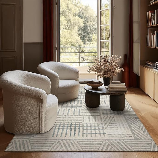 Area Rug 4x6 Abstract Geometric Textured Brushstroke - Neutral Gray & Light Blue Modern Minimalist Area Rug, Decorative Carpet for Living Room Bedroom Home Decor