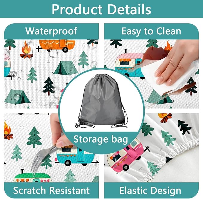 Camping Picnic Table Cover with Bench Covers Elastic Edges, Waterproof Windproof Outdoor RV Tablecloths with Drawstring Bag, Rectangle Tables and Seats Cover 30X96 inch